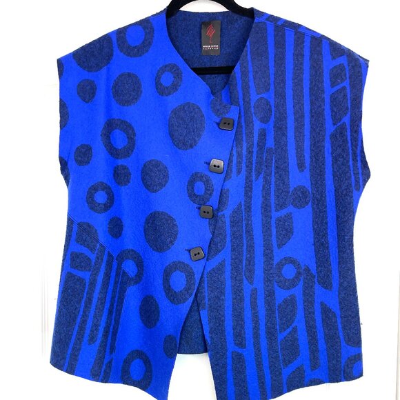 Miriam Carter FeltmakerWoolArt Vest Asymmetrical Button Blue Black Handmade L/XL - Picture 1 of 12